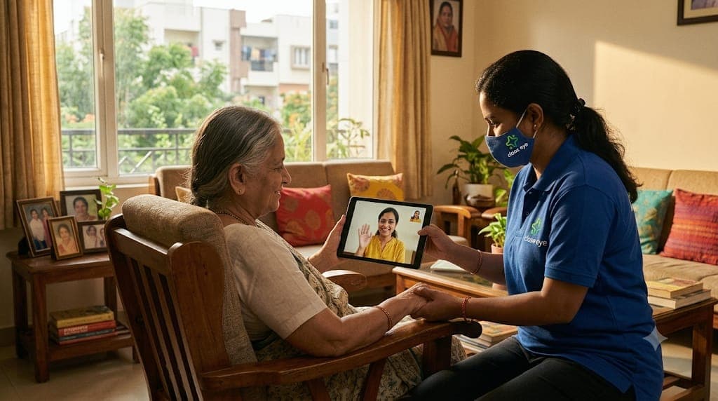 An elderly mother on a video call with her daughter while a Close Eye Guardian sits beside her, holding her hand, in a sunlit living room