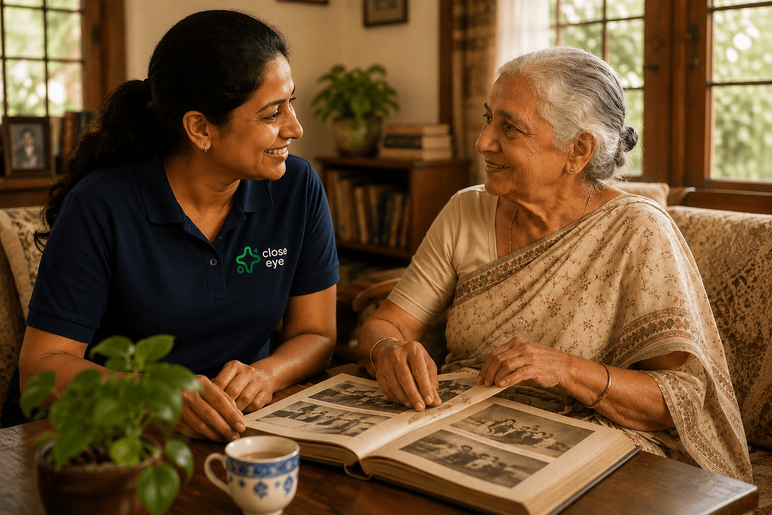 A Close Eye Guardian and an elderly woman looking through an old photo album together over tea at home
